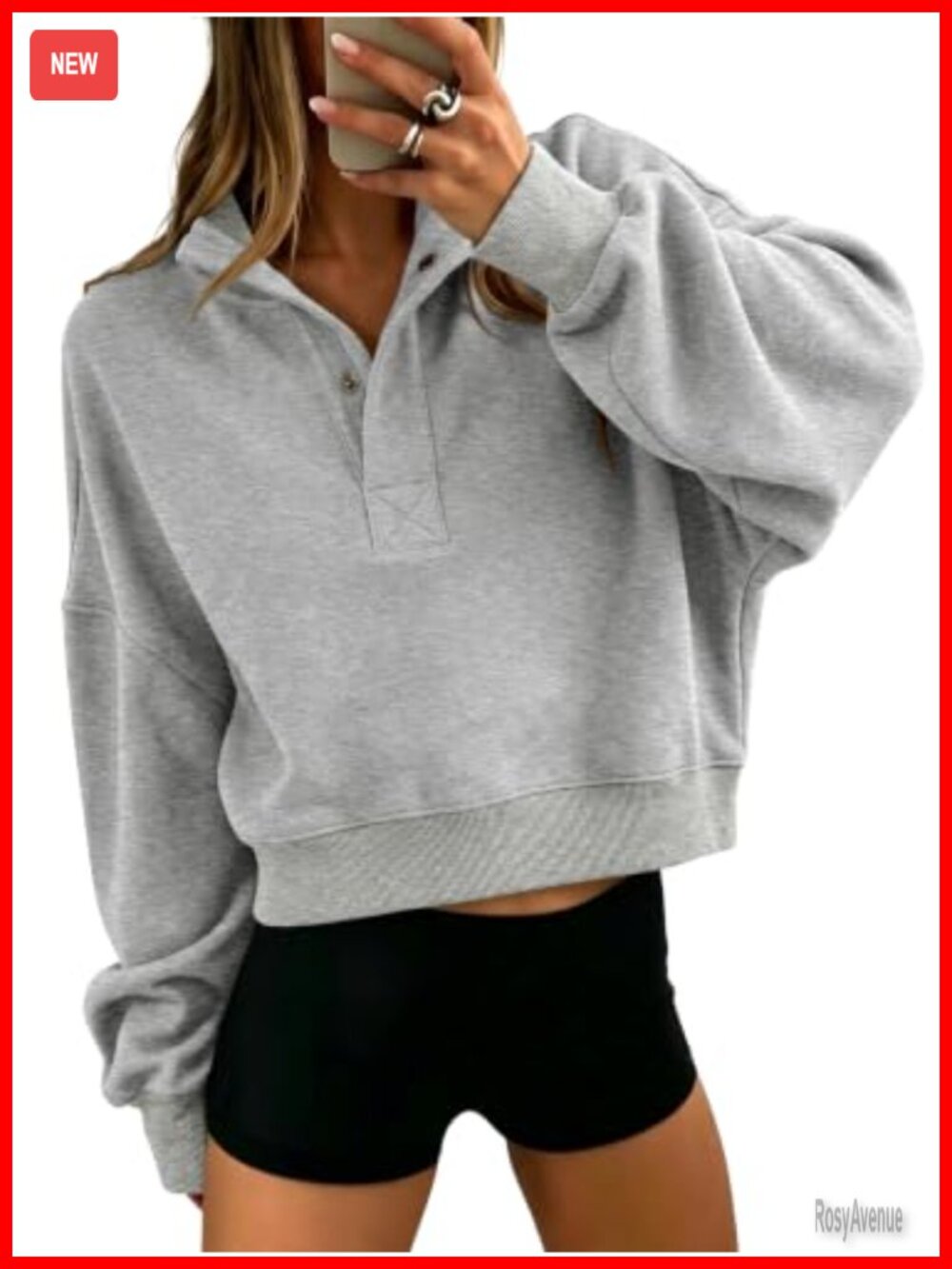 Oversized Cropped Sweatshirt Women Button Henley Neck Long Sleeve Casual